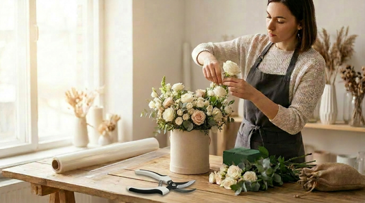 Florist working on Hatbox Wedding Arrangment